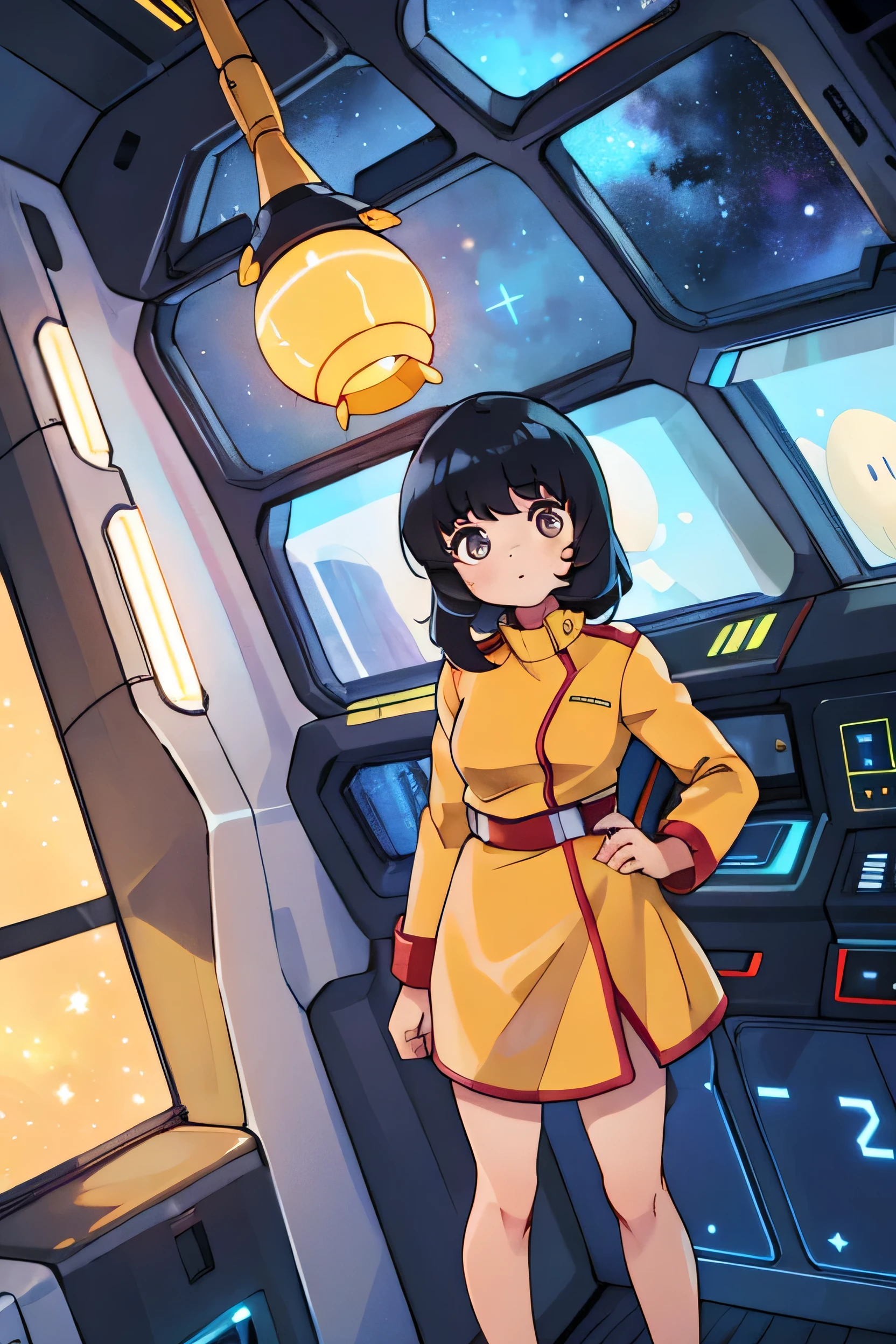 8k,(masterpiece:1.4)(Highest quality:1.4),(Highest quality), One girl,Faily,Black Hair, Iris, Yellow Dress,  uniform, Inside the spaceship, Milky Way, window ,indoor,  Are standing,  View your viewers,  Focus Only,(Glowing Skin),Steaming body ,