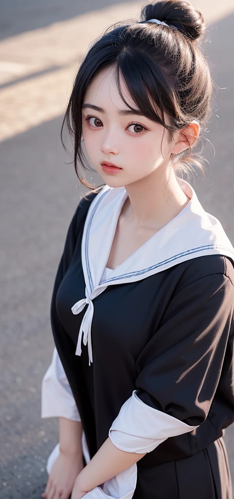 (1 nogizaka girl,ars old face,raw photo,photo realistic:1.5),(best quality, high quality,HDR, highest quality,ultra high resolution,high resolution,high res,ultra high difinition,huge file size,8K,2K wallpaper,8K wallpaper,high quality texture,amazing,an extremely delicate:1.4),one girl, Japanese famous idol,cute face,small face,absurd,ridiculous,incredibly ridiculous,blurry background,(school uniform,sailor suit,shoot from above,topknot,single hair bun,cleavage,no makeup:1.2),medium skin,beautiful skin,detailed skin,black hair,silky hair,black eyes,Japanese nose,5-fingers,(Light Particles, Lens Flare, Luminous Particles: 0.7),looking at viewer,small hands,bright lighting,professional lighting,girl