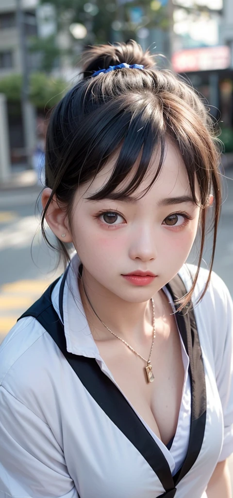 (1 nogizaka girl,15years old face,raw photo,photo realistic:1.5),(best quality, high quality,HDR, highest quality,ultra high resolution,high resolution,high res,ultra high difinition,huge file size,8K,2K wallpaper,8K wallpaper,high quality texture,amazing,an extremely delicate:1.4),one girl, Japanese famous idol,cute face,small face,absurd,ridiculous,incredibly ridiculous,blurry background,(school uniform,sailor suit,shoot from above,topknot,single hair bun,cleavage,no makeup:1.2),medium skin,beautiful skin,detailed skin,black hair,silky hair,black eyes,Japanese nose,5-fingers,(Light Particles, Lens Flare, Luminous Particles: 0.7),looking at viewer,small hands,bright lighting,professional lighting,girl
