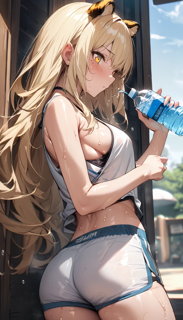 1girl、(((best quality)), ((masterpiece)), (details), masterpiece, best quality, high quality, ulutra detailed, perfect face, ((1girl, blond eyes, tiger ears: 1.3 blond long hair: 2.5,Mole under left eye：2.0))、Shiny Hair、Glowing Skin、Lustful look、Sideboob、Tank top、Swimsuit shorts、Waking up、living、Stay hydrated、Drink water、sunny、sun、Sweat