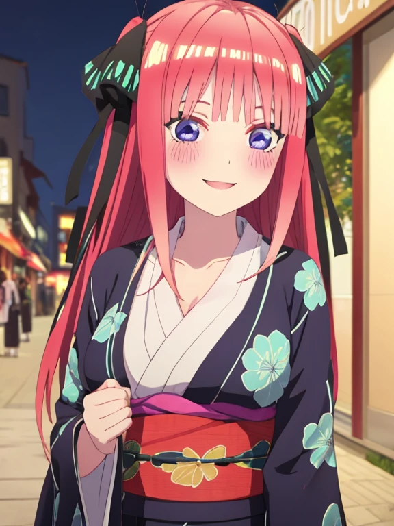 best quality, insanely detailed, nino nakano, kimono, breasts, blush, outdoor background, smile