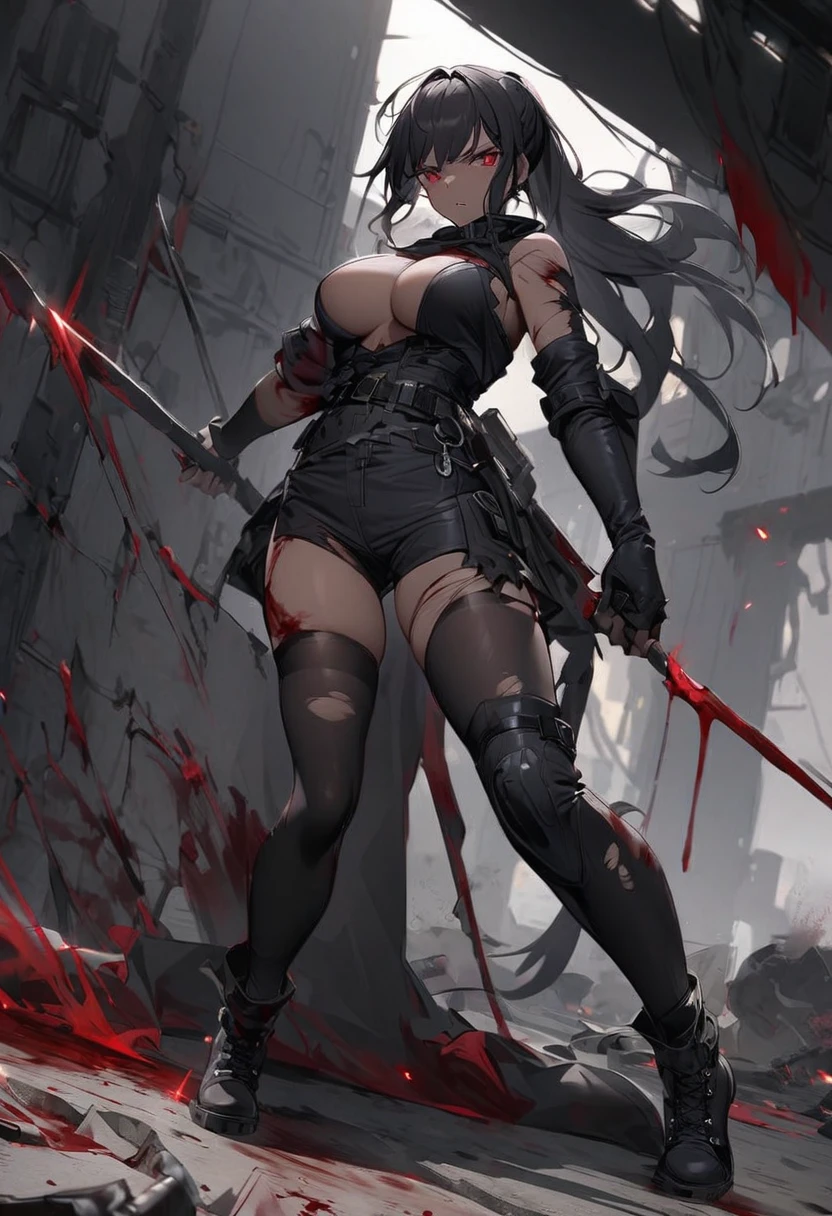 Woman character with dark skin, very long black hair with a ponytail, red eyes, black and gray hero costume, with black and gray thigh-high stockings, with a belt, black boots Small, fighting quite injured, with blood and a torn suit, with a very serious deep wound in the abdomen