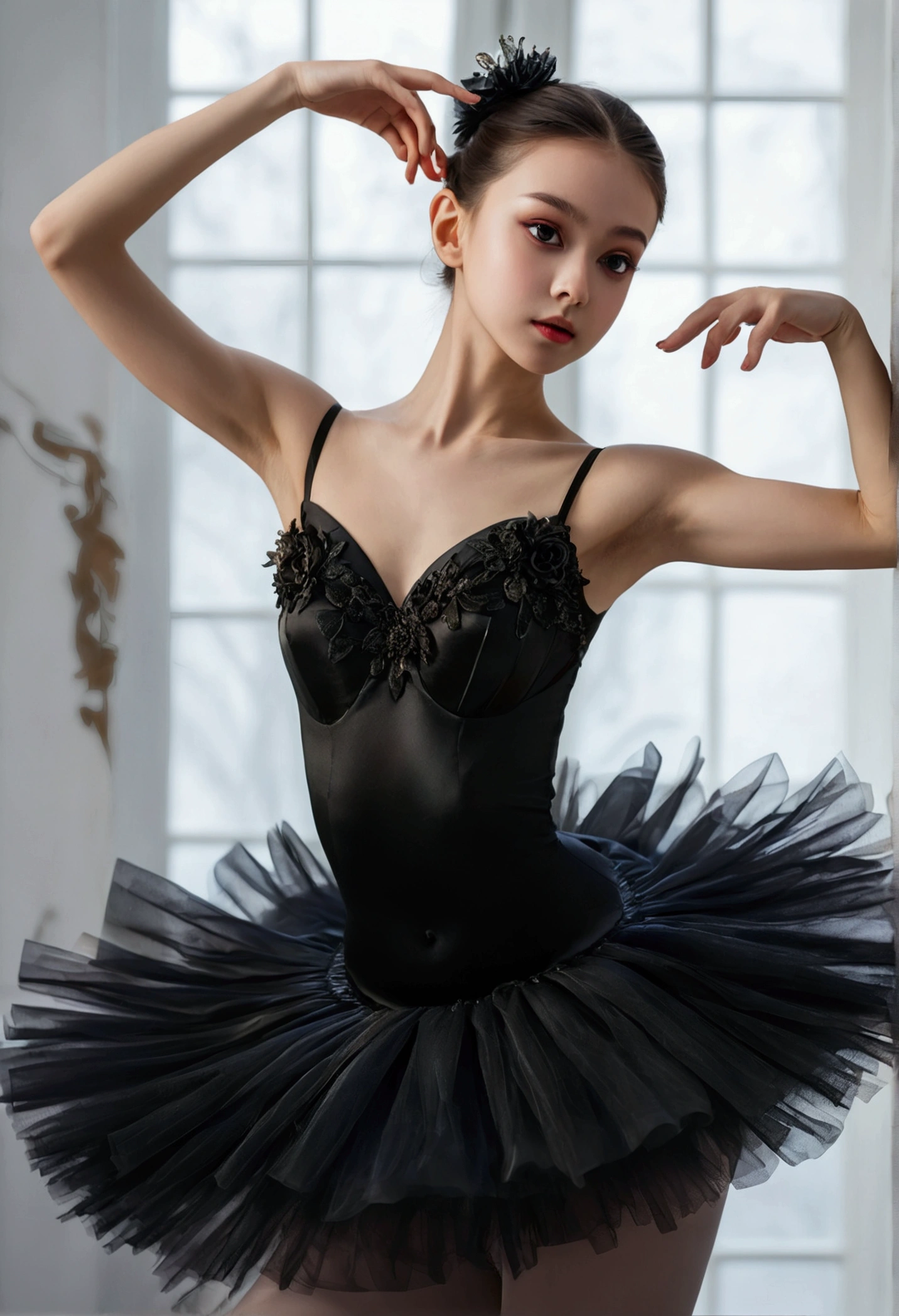 best quality, (((On the table))), (((highest level))), ((extra fine)), (illustration), ((extremely delicate and beautiful)), dark fantasy style，Black Swan，Dynamic angle, floating, (silk tutu: 1.4), (Beautiful and delicate eyes), (detail light), (1 girl), medium bust, medium long hair, dark brown sparkling eyes, black hair,silk tutu, Nature, (lighting，Contour light，background spotlight), (Ballet is dancing), (sketch), (flower), A faint smile, Soft colors, Complete anatomy, Upper Body, Extremely detailed beautiful face,