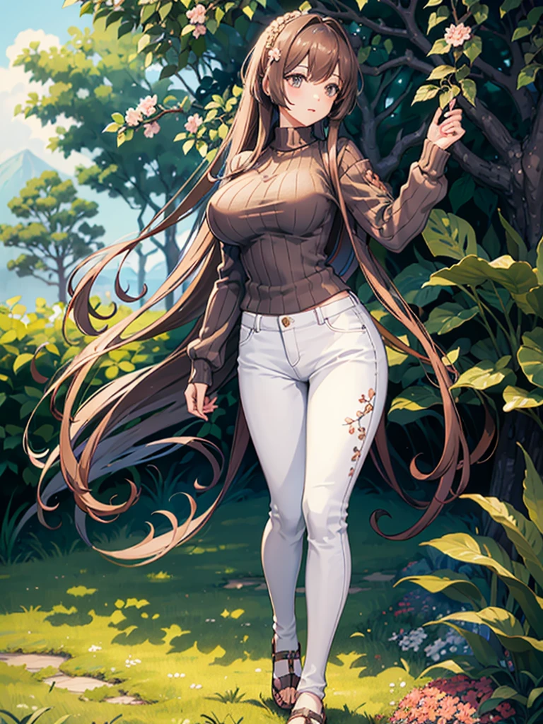 (masterpiece)), ((best quality)), (ultra-detailed), ((kawaii)), cute, (lovely), ((extremely detailed)), 4K, (8K), best quality, (beautiful),(((world-class quality))), extremely detailed, high resolution, (detailed shaded pretty face), full body, ager, solo, (((gigantic breasts))), (((sagging breasts))), spring_costume, brown sweater, sweater, ribbed_sweater, long_sleeves, white_pants, bare abdomen