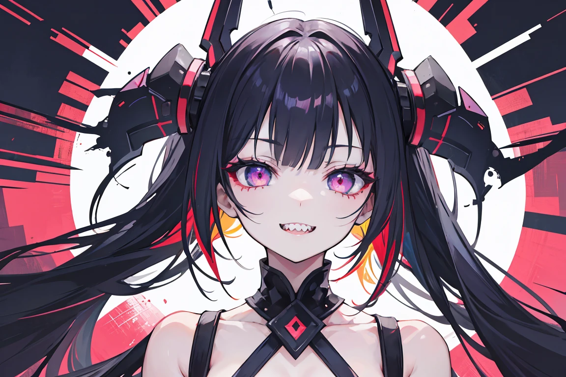 masterpiece, high quality, perfect face, 1girl, , insane, modern clothes, bare shoulders, sharp teeth, wide smile, colorful eyes, both eyes open widely, terrifying gaze, splatter
