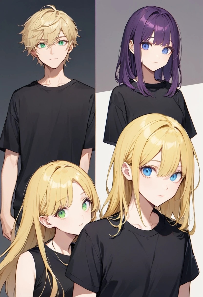Pixar style. Two Girls。One of them has deep purple bob hair.、Has green eyes、Wearing a black T-shirt。. The other girl has long blonde hair and blue eyes.、And he&#39;s wearing a white T-shirt