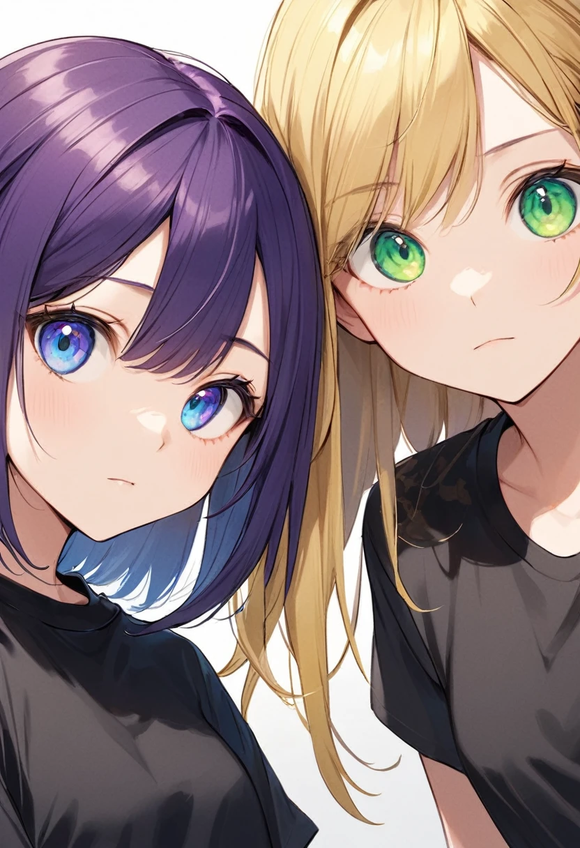 Pixar style. Two Girls。One of them has deep purple bob hair.、Has green eyes、Wearing a black T-shirt。. The other girl has long blonde hair and blue eyes.、And he's wearing a white T-shirt