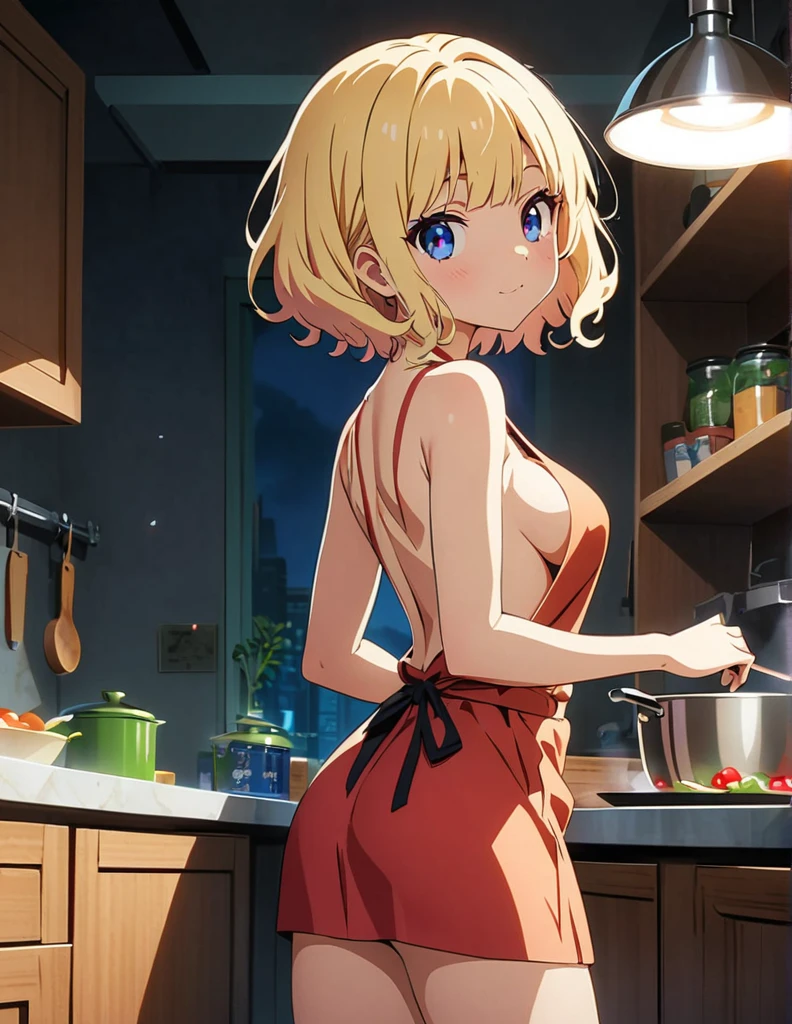 (anime artwork, anime style, studio anime, very detailed, up to date, vibrant, Anime Coloring, high contrast, masterpiece:1.2, best quality, best aesthetics),2 girl, Medium chest, A glimpse of thighs,random hair, One eye is hidden by the bangs, perfect proportions, high detail skin, Cute, detailed faces,kitchen, precise fingers,medium breasts,cooking,apron on naked body,looking back