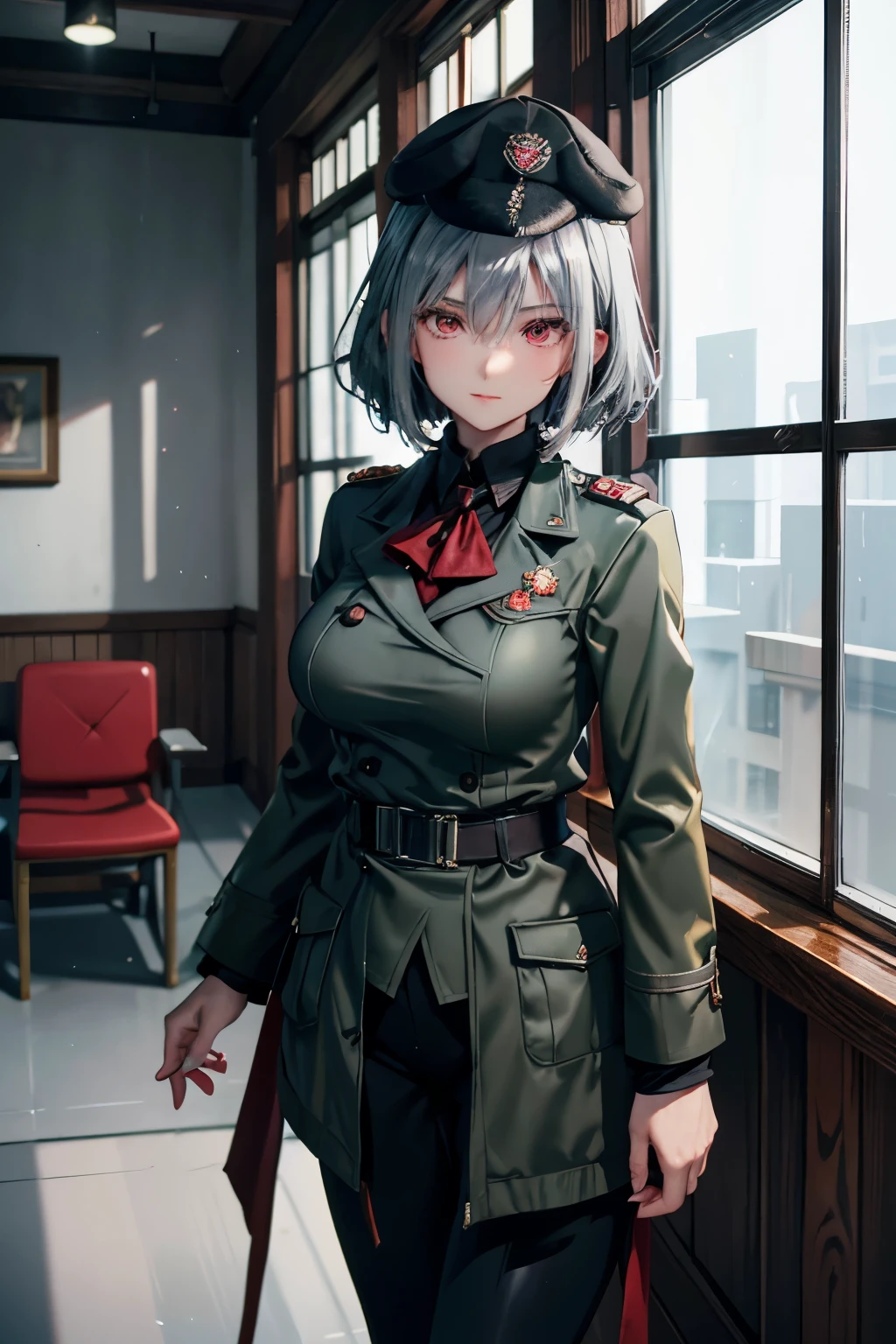 20-year-old beautiful,cool,woman Soviet officer,short silver half updo Wolf Cut hair,red eyes.tsurime,big breasts,a steady person,1940s,Wearing a dark green long coat, military cap and riding breeches,standing in an officer's room,Outside the window it's winter