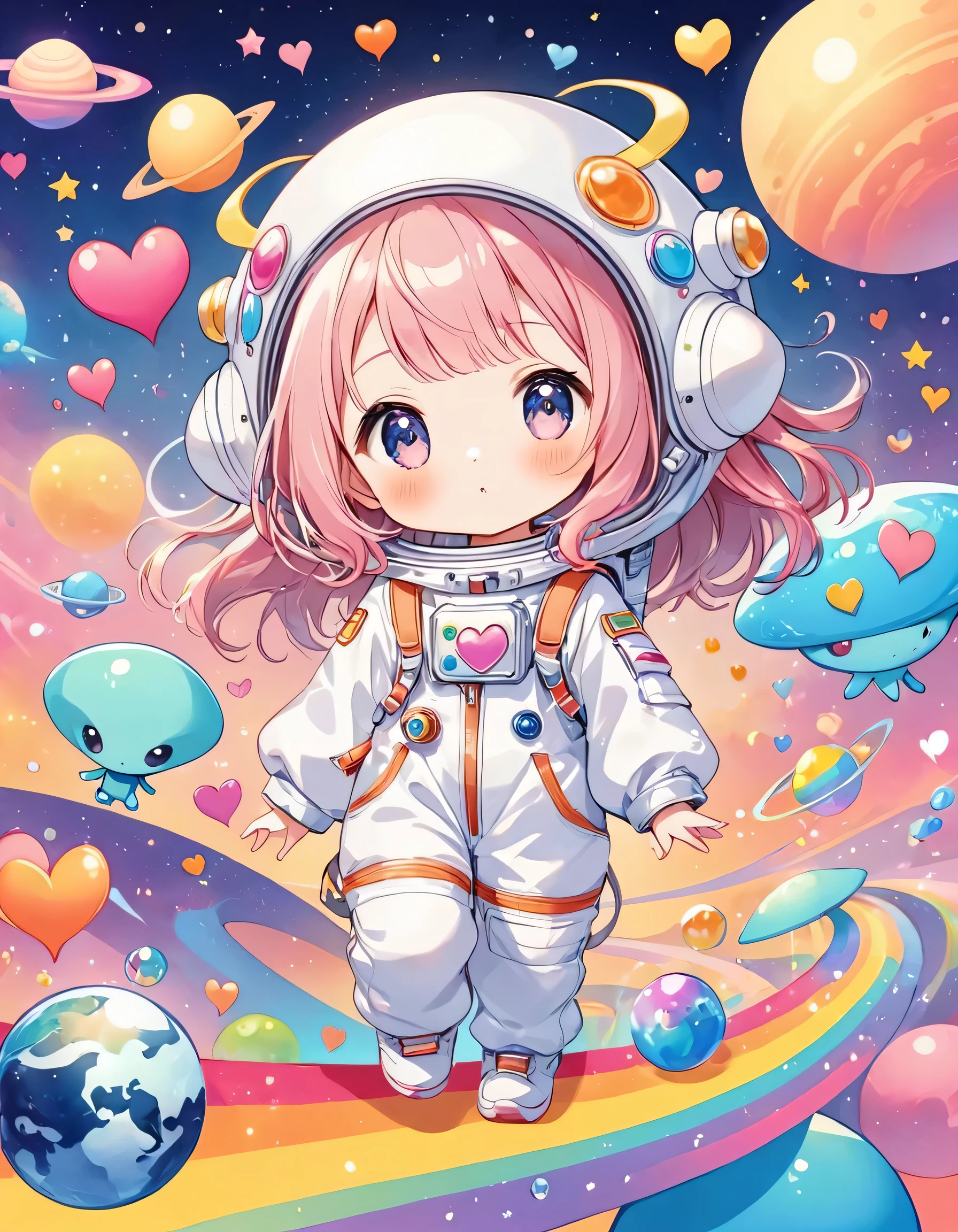 Momoko Sakura colorfull style, Simple Line Initialism,Abstract art,colorful hearts, kawaii design, (((Dream World))), Spacesuit, (((Cute Aliens))), The background is space