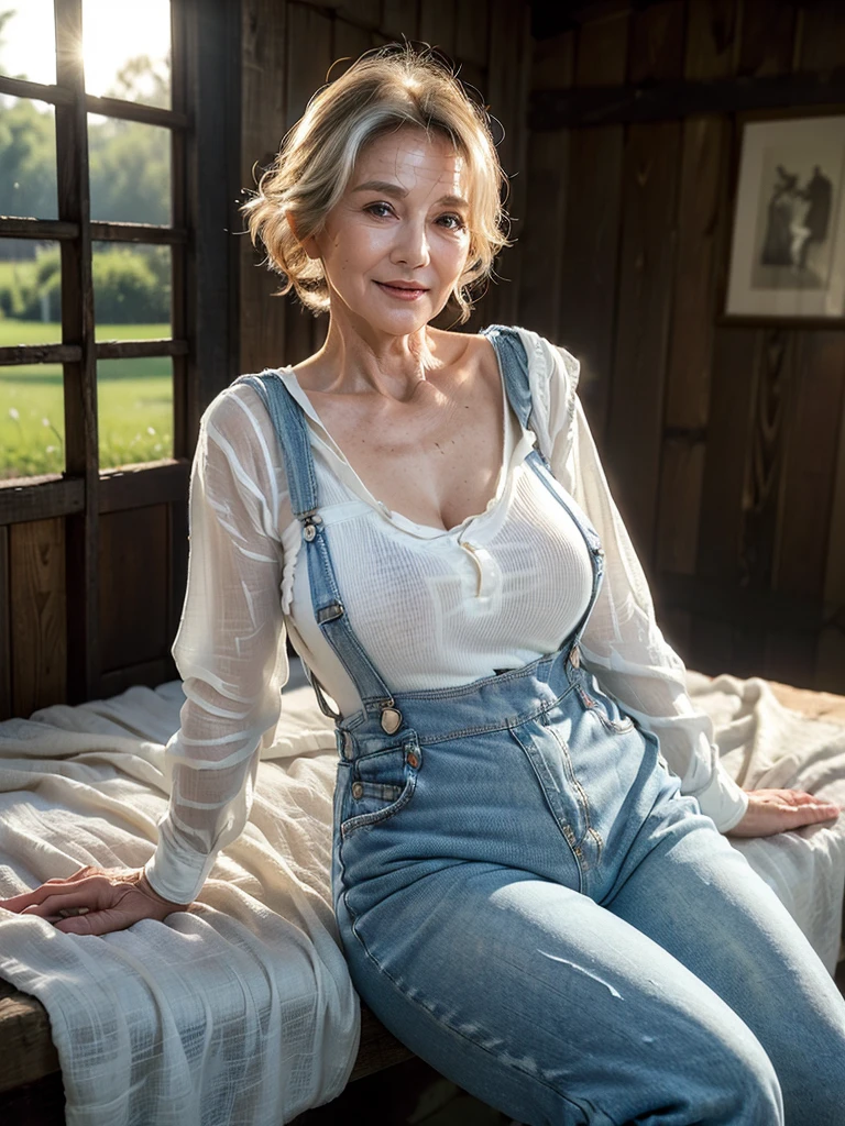 (masterpiece:1.4),(Beautiful 60 year old woman:1.5),(Facial wrinkles : 1.2),(white sheer linen shirt : 1.2), (Dungarees : 1.2), jeans, Rubber boots, blanket, (plump body : 1), extremely white skin, pores, skin blemishes, dull skin, gentle smile, wavy hair, enormous saggy breasts, (hanging breasts), on a barn, detailed backgrounds, sunrise
