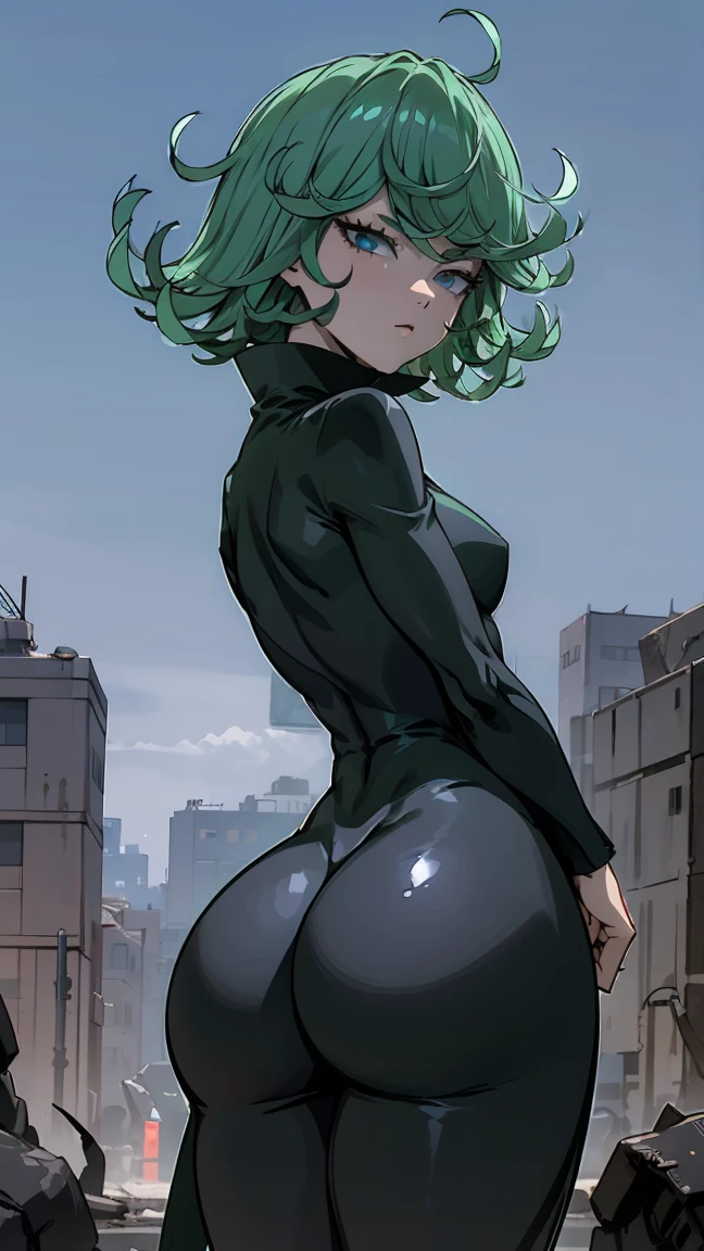 Anime art style, tatsumaki from one punch man, green hair, white skin, standing on destroyed city, cinematic lights, blushing cheeks, smilling, looking back at viewers, grabbing her ass, big booty, NSFW, back view, beautiful scenery. The dress is covering her ass, closed mouth, turtleneck, looking back, from behind, ass focus, standing, detailed eyes, half-closed eyes, curvy, wide hips, impossible clothes, outdoors, night, sky, clouds, stars, streetlights, lights, buildings, plants, bushes, (narrowed eyes:1.2), (squinted eyes:1.2), BREAK masterpiece, best quality, highly detailed background, perfect lightingbest quality, ((shiny skin, glossy skin, detailed skin)), (((detailed lips))), (((detailed eyes))), wide hips, ass is covered by dress, focus on ass, posing, ass posing 