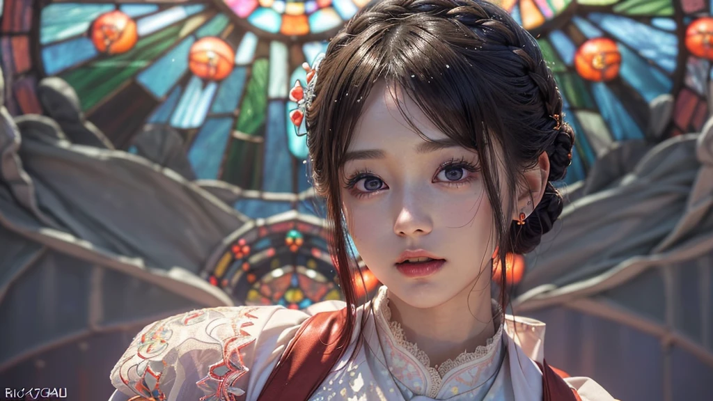 A tiny junior idol in a white outfit with delicate lace, (Expose:0.9), (Nipples:-0.9), (Dynamic Close-up, (Dazzling stained glass background)), (((Renbutsu Misako), Colorful lights shine through the stunning, intricate stained glass:1.2)), Bright red, Lens Particles, Lens flare, Light Particles, Dazzling halo. ((Accutance:0.8)), (masterpiece:1.2),(Very detailed:1.37),(Realistic,photoRealistic, ((photo-Realistic:1.37))born々new feeling). (Very detailedKAWAII顔のバリエーション, Variations in expression), Fine eyes with shimmering highlights, Captivating Gaze, Long eyelashes, Slight redness in the face, Rosy Cheeks, Perfect skin texture . { The girl's body is covered with flowers | Mysterious sight | mist }, ((Dynamic Angle, Physically Based Rendering)) . (((Big eyes:-0.9, Not a detailed finger:-0.9))) .
