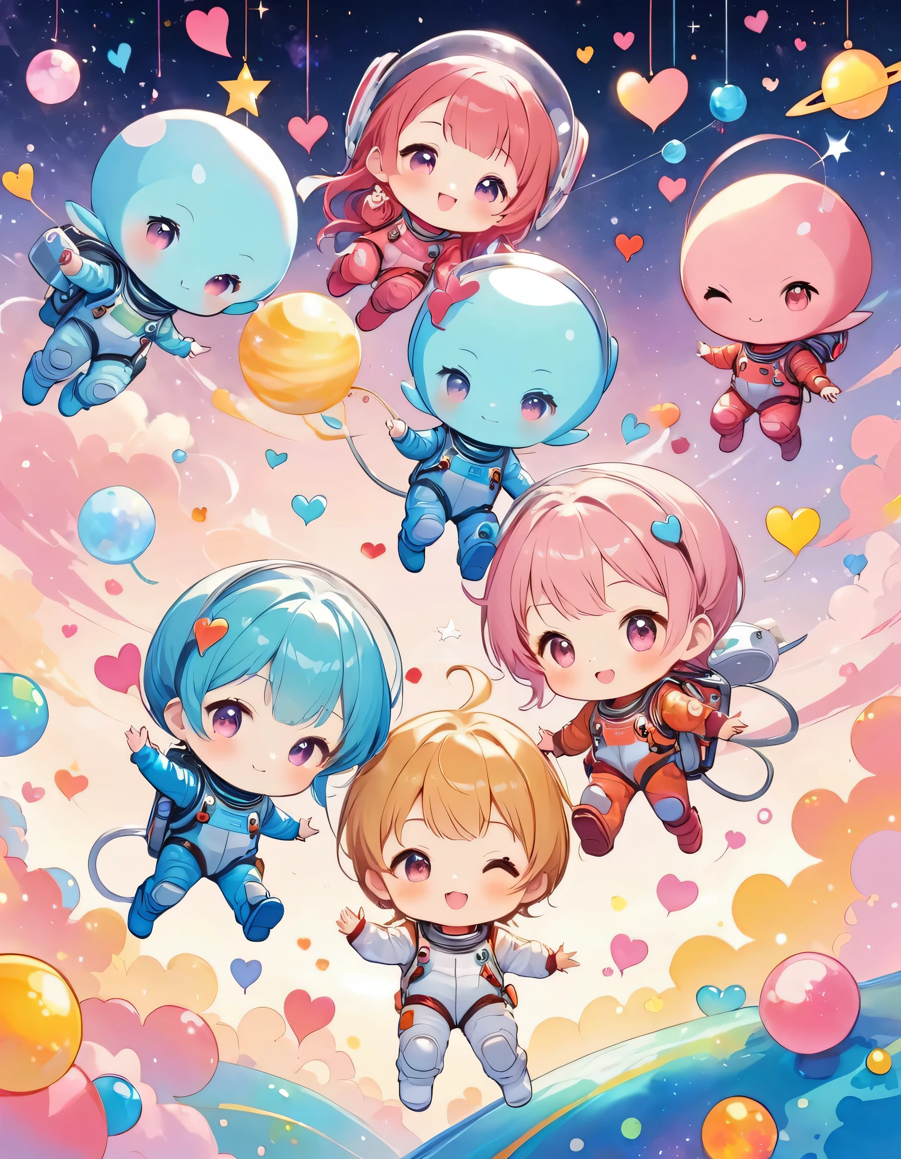 Momoko Sakura colorfull style, Simple Line Initialism,Abstract art,colorful hearts, kawaii design, (((Dream World))), Spacesuit, (((Cute Aliens))), The background is space