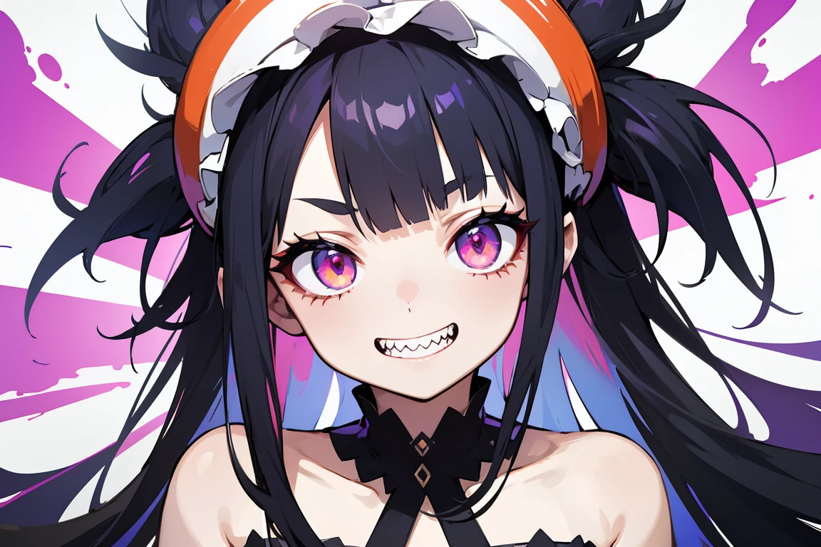 masterpiece, high quality, perfect face, 1girl, , insane, modern clothes, bare shoulders, sharp teeth, wide smile, colorful eyes, both eyes open widely, terrifying gaze, splatter