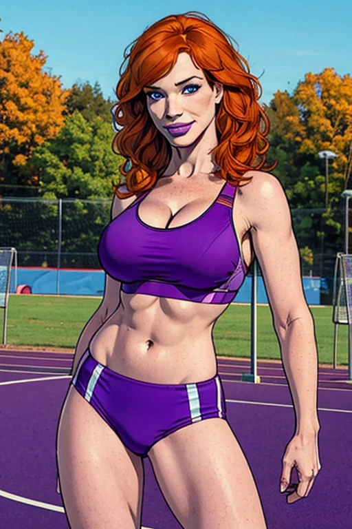 Masterpiece, best quality, 1girl, solo, Christina Hendricks, 48 years old, orange hair, shoulder-length hair, blue eyes, pale skin, smile, large breasts, huge bust, cleavage, purple sports bra, purple sports bottoms, buruma, outdoors, track and field, smug
