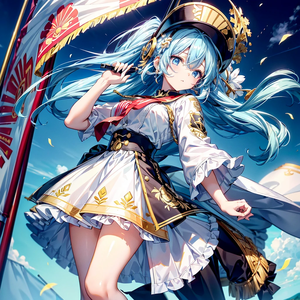 1girl、Dynamic composition、marching band、(((Masterpiece、Highest quality、Official Art、Super detailed、Handsome face、Dynamic composition)))、Anime Style、(Milky white and blue hair:1.3),(Blue eyes:1.4),(Bright colors:1.4),((Asanoha background:1.3)),, marching bandのユニフォームを着たクールな女の子, marching band hat、mini skirt, Frills, Black and white with gold embroidered flag held in both hands,(background:Large red flag on the back with gold floral embroidery, Note, )、euphonium、Huge Flag、