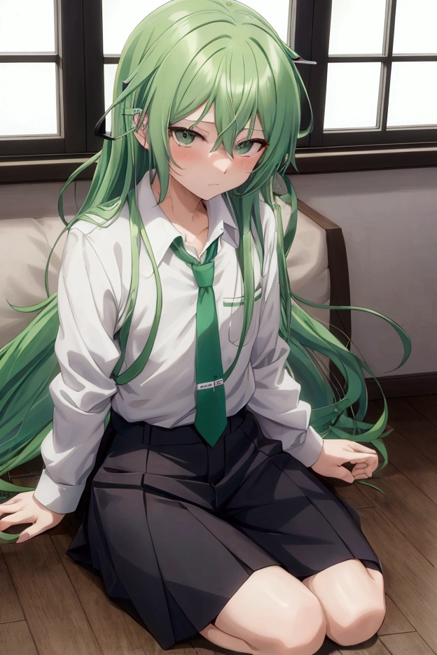 menino anime with green hair and tie sitting in a room, Hajime Yatate, estilo de arte anime moe, Wataru Kajika, jovem anime homem, Gamoe Yandere, Nagito Komaeda, menino anime, rei hiroe, mikudayo, koyoharu gotouge, personagem de anime masculino