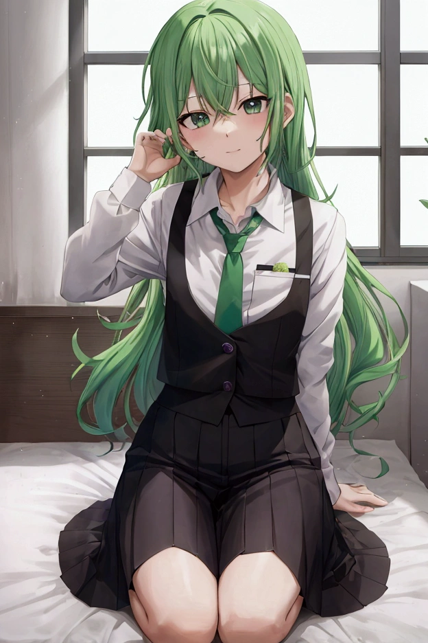 menino anime with green hair and tie sitting in a room, Hajime Yatate, estilo de arte anime moe, Wataru Kajika, jovem anime homem, Gamoe Yandere, Nagito Komaeda, menino anime, rei hiroe, mikudayo, koyoharu gotouge, personagem de anime masculino