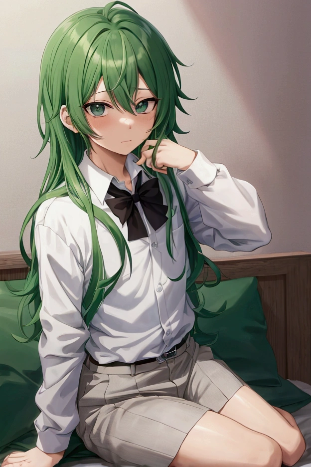 menino anime with green hair and tie sitting in a room, Hajime Yatate, estilo de arte anime moe, Wataru Kajika, jovem anime homem, Gamoe Yandere, Nagito Komaeda, menino anime, rei hiroe, mikudayo, koyoharu gotouge, personagem de anime masculino