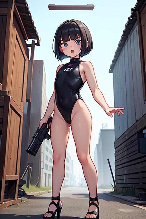 Ten_years_old girl, high cut leotard, freckled skin, body freckles, fighting, angry scream, gun, fullbody, standing, platform heels, Bob cut hair,