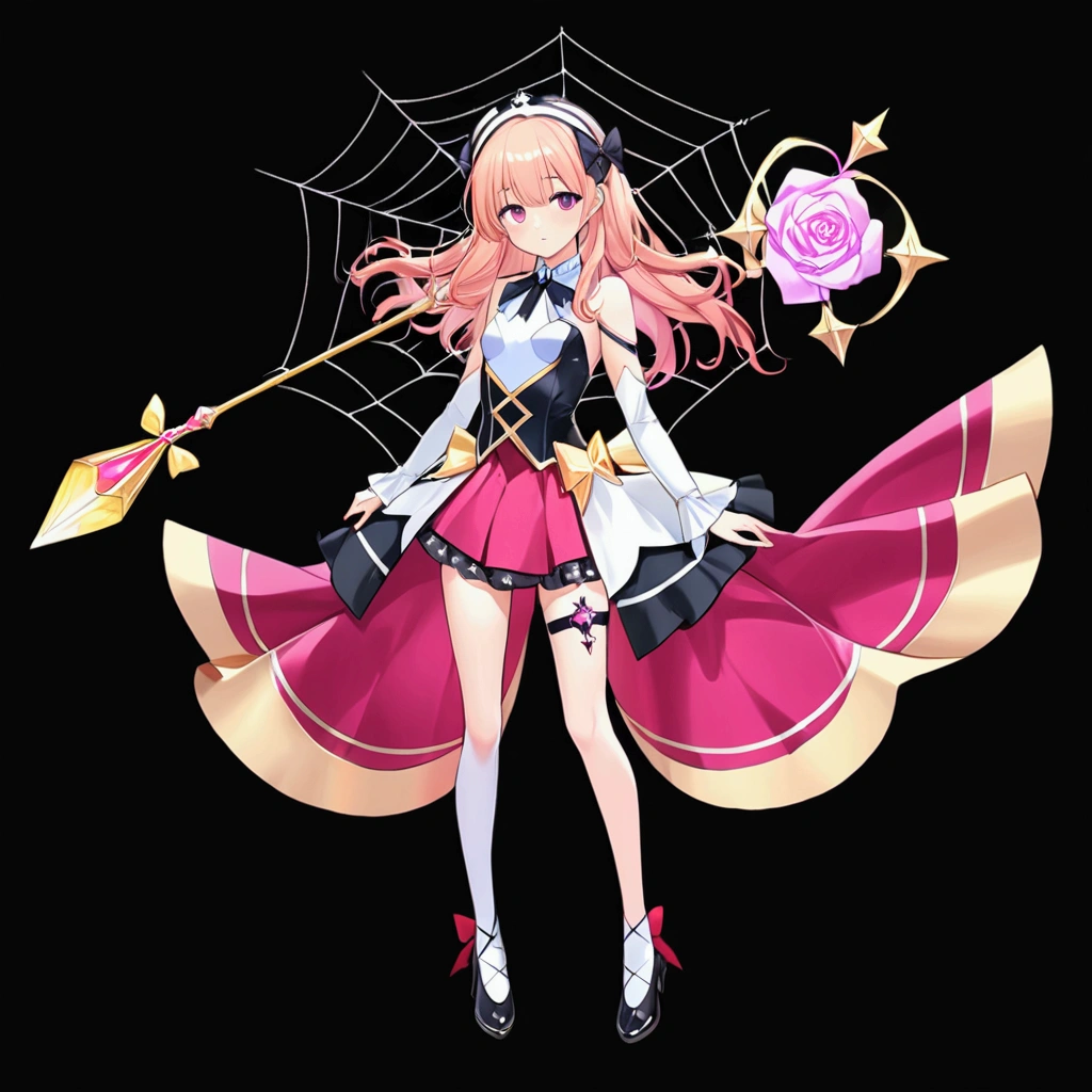 Create an anime-style girl with (((deep magenta eyes and long, wavy pink hair))) ((styled in an elegant frenchbraid)). (((She is slender, and  with small breasts))). ((Ensure a full-body shot of her)) wearing a (((pink, gold, and rose gold color magical girl-themed outfit.))) ((The outfit features a spider and spider web theme.)) The overall look is regal and ethereal, with magical glowing effects. cutesexy, purinpuon pixiv, no future, a hyperrealistic , hyperrealistic , realistic , seductive (anime girl), smooth anime cg art, beautiful alluring anime teen, (purinpuon pixiv), ((magical girl)), (masterpiece), best quality, expressive eyes, perfect face ((Highest quality))、((8K))、(((8k wallpaper))) ((Full Body Shot: 1.5))、ultra detailed, masterpiece, best quality, solo ((purinpuon pixiv, no future)) (((purinpuon pixiv, no future)))