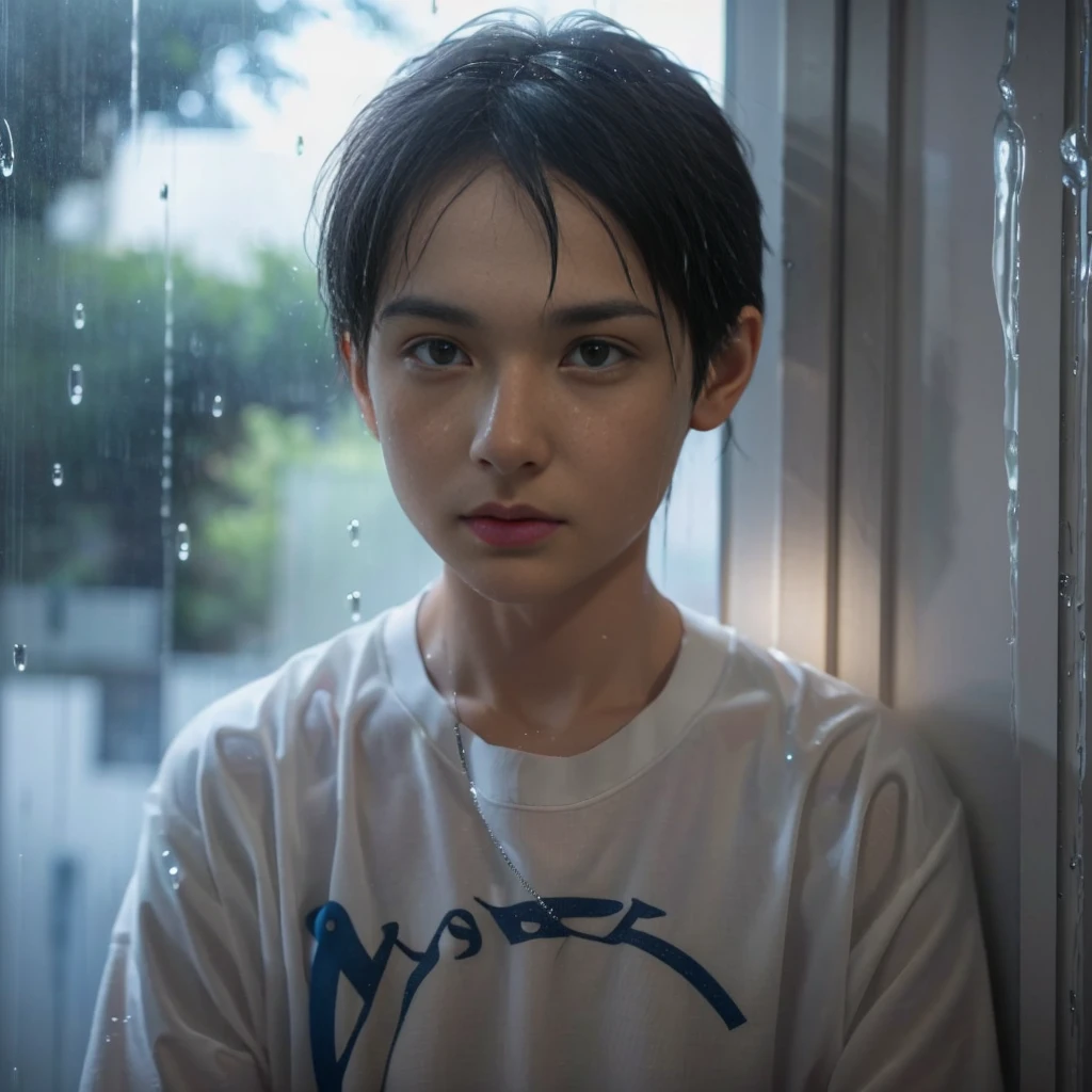 Close-up of the upper body of a man 20 years old, tears reflected in the window, rain on the window, halo above his head