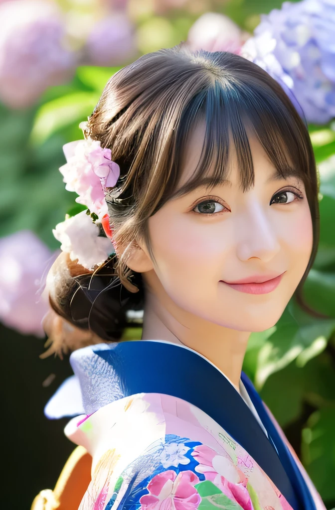 (Light makeup)、(top-quality,masterpiece:1.3,超A high resolution,),(Ultra-detail,Caustics),(Photorealsitic:1.4,RAW shooting,)Ultra-realistic capture,(32k,high detal,high-detail、masterpiece,Attention to detail,full body Esbian,solo,Lori:1.6),Raw photo & realistic atmosphere,beautiful dark blue eyes,Detailed mouth,Glossy lips,Detailed eyebrows,Eyes drawn in detail with soft white skin that shines with every detail)、、 (Skin texture is natural、、The skin looks healthy with an even tone、 Use natural light and color, japanese, A dark-haired, long hair,(depth of fields、realisitic、8K UHD、hight resolution、(1girl in:1.2)、The ultra-detailliert、High quality textures、very detailed CG、High quality shadows, A dark-haired、Kyo-Yuzen、blue Kimono、park background , (Super cute face in idol style:1.4)、slim and beautiful figure、A smile、full body Esbian:1.2, Japanese woman in kimono, 25 years old, hydrangeas flower background, standing under hydrangeas flower, cold lighting, rainning day, wet floor, big smile, colorful kimono
