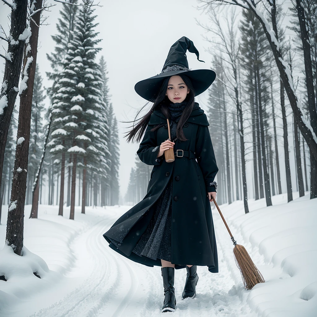 Witch in the snow with wind