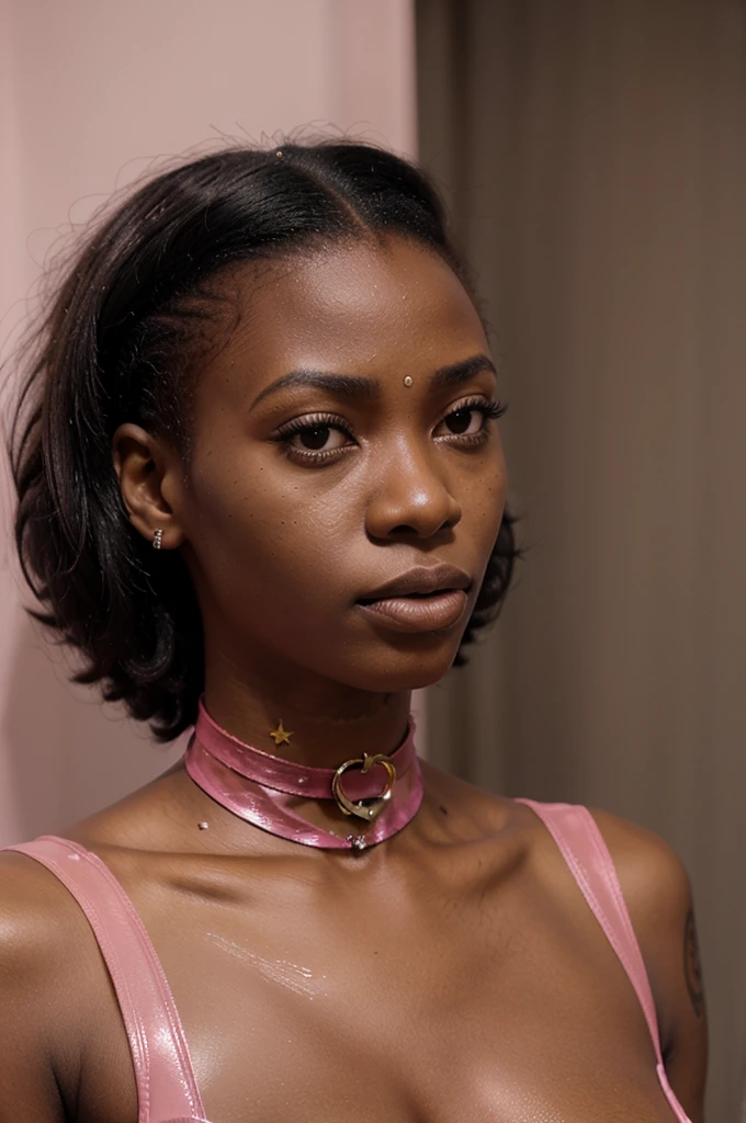 very tall congolese girl, (very young, adolescent), (afro haircut, very small breasts, very skinny, nose ring, tatoos, fearful, scared), (pink latex bodysuit, choker), (close shot, face shot, portrait,intimate camera, realistic, photorealistic)
