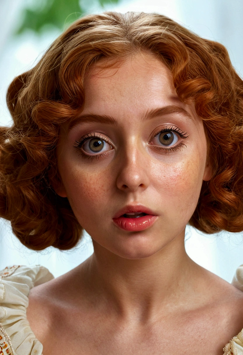 (masterpiece), {best quality},High detail,(ray tracing), (realistic:1.0), photorealistic,((1girl)), ,beautiful russian, daytime, costume, (big eyes), MARGARITA Margarita C, aka Peachy B, redhead curly hair, having an orgasm face