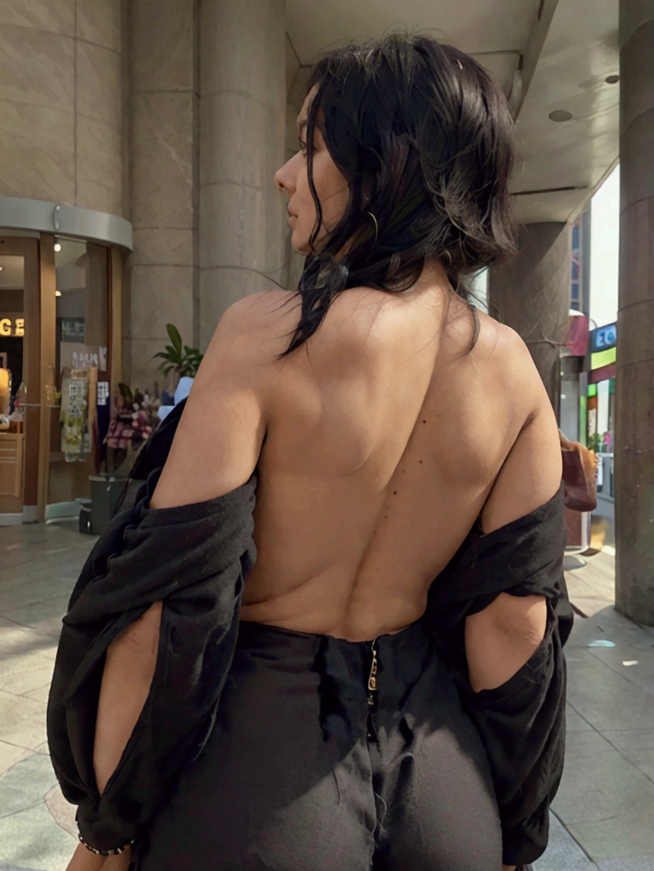 a mature woman, shoulder length black hair, at the mall, looking back, ultra realistic, 18k