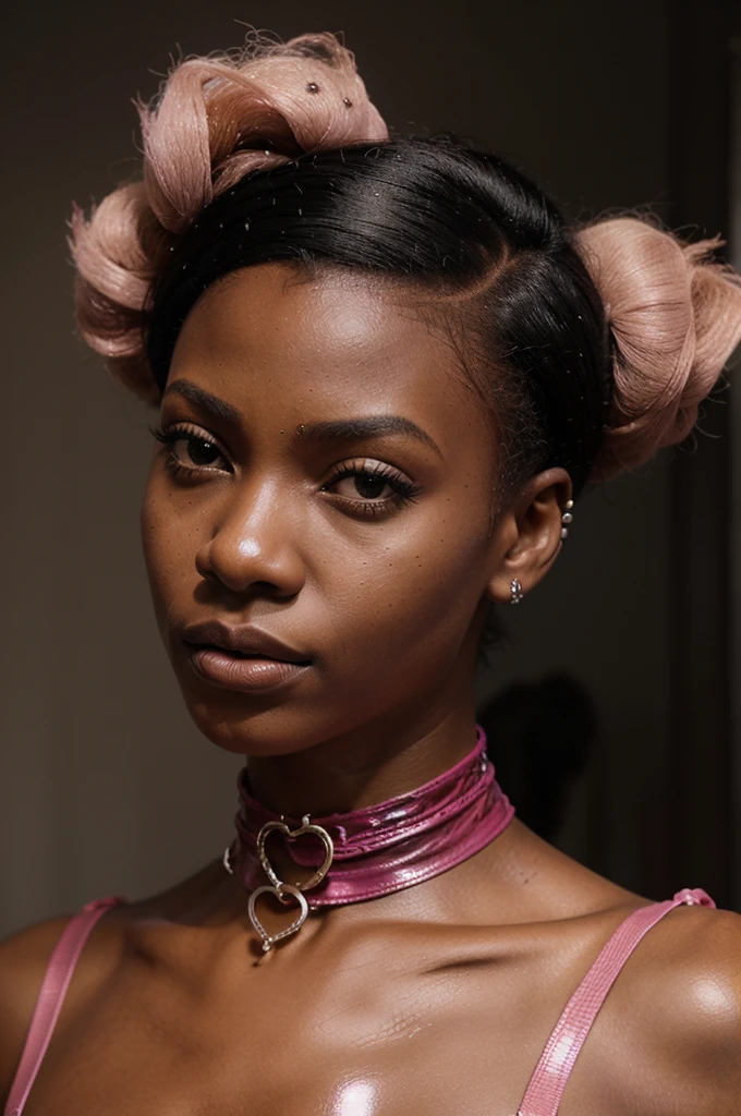 very tall congolese girl, (very young, adolescent), (afro haircut, very small breasts, very skinny, nose ring, tatoos, fearful, scared), (pink latex bodysuit, choker), (close shot, face shot, portrait,intimate camera, realistic, photorealistic)
