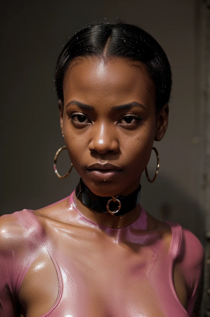 very tall congolese girl, (very young, adolescent), (afro haircut, very small breasts, very skinny, nose ring, tatoos, fearful, scared), (pink latex bodysuit, choker), (close shot, face shot, portrait,intimate camera, realistic, photorealistic)
