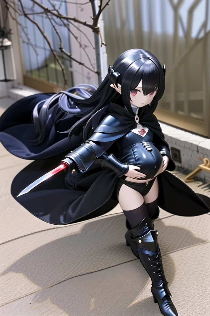 Woman wearing a black cloak、Pregnant Thief、Holding a knife、Black Leather Boots、leather armor