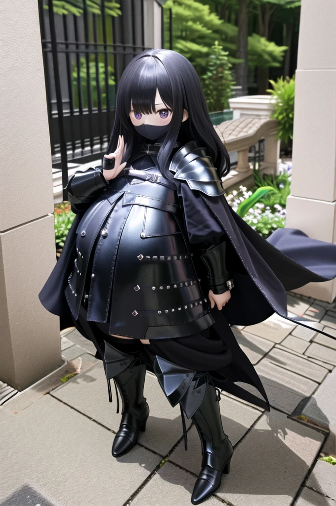 Woman wearing a black cloak、Pregnant Thief、Holding a knife、Black Leather Boots、leather armor