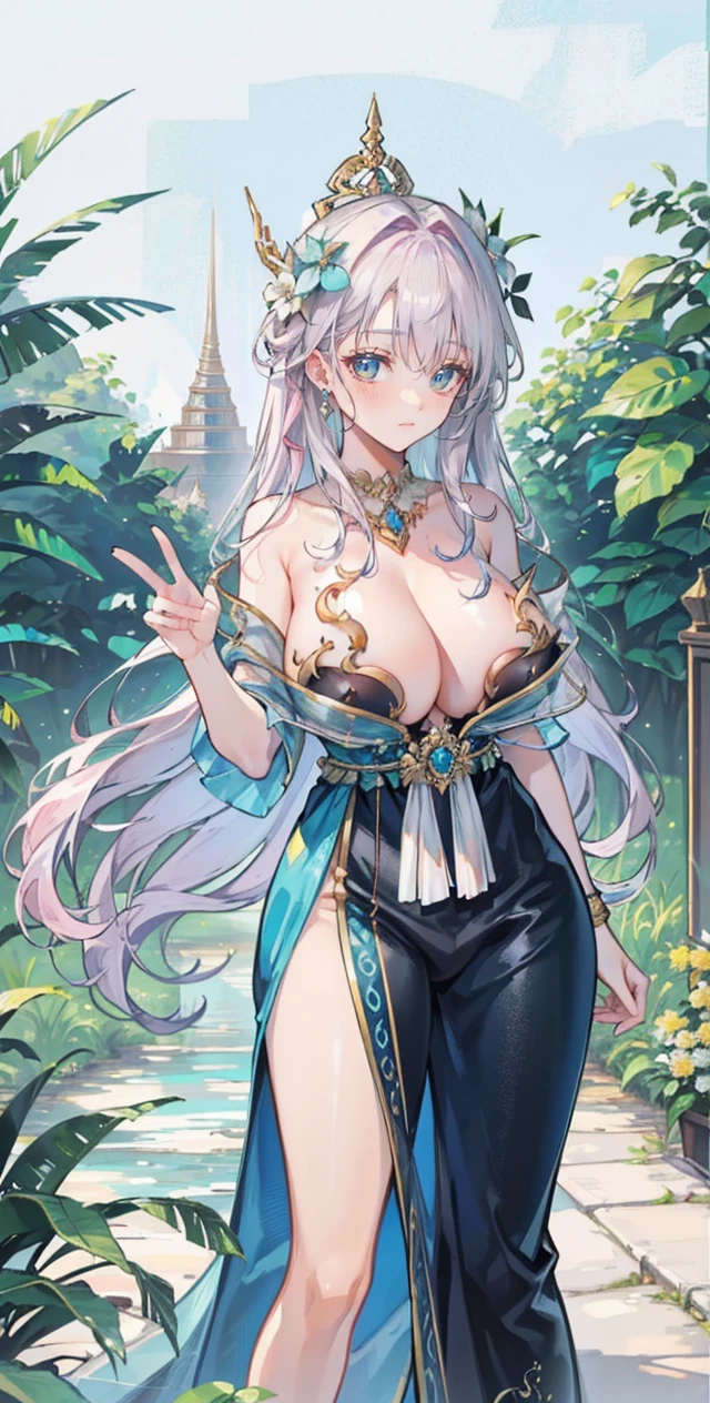 beautiful woman,folk girl,long, White hair and blue eyes,ฉันมีเปียlongทางด้านขวา.,She wears a blue Thai dress.,กระโปรงไทยโบราณlong,holding a jasmine garland,countryside,countryside,beautiful scenery,European Middle Ages,smile with teeth,forehead,forehead exposed,big ,rift, ,(2 young women ,beautiful woman),หน้าอกbig,Show your breasts,The cracks are clear....,((หัวนมbig)),(pubic bone), rift, visible chest,seductive pose,I see bulging nipples.,(((areolae ขนาดbig:1.4,pink,The nipples are clearly visible.......)))