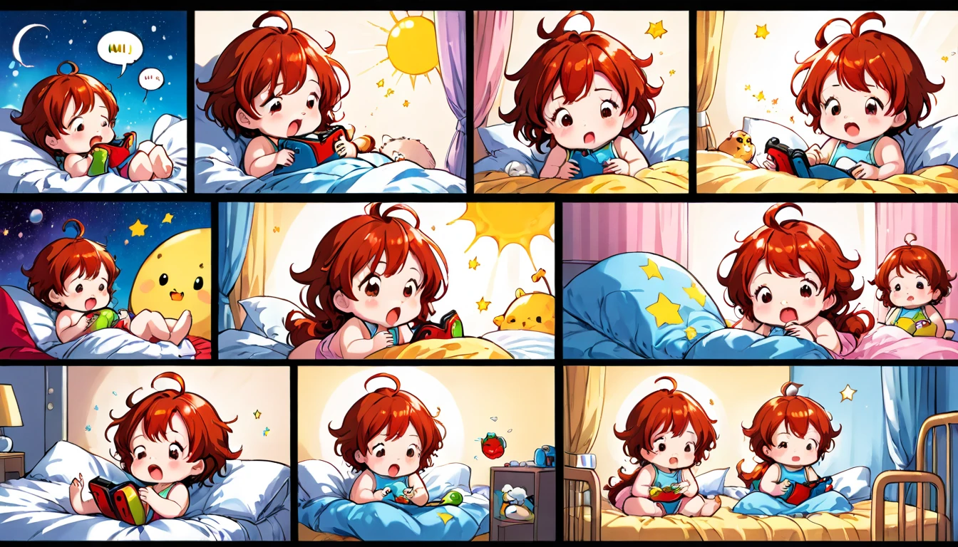 4-panel comic style, cute baby, waking up, eating, playing video games, going to bed, poorly drawn manga-style images, colorful patchwork of contrast magic