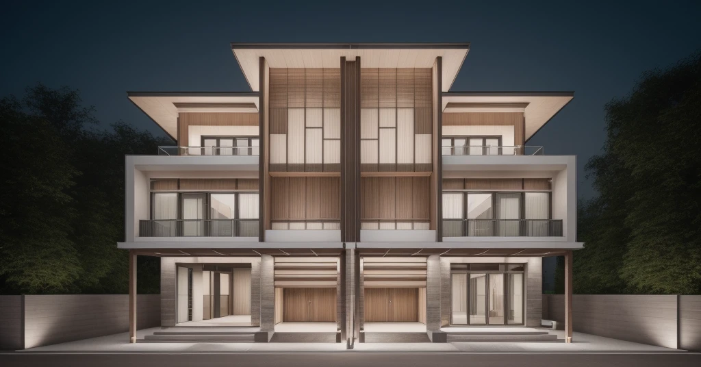 Design facade for modern detached villa, duplex villa,featuring contemporary style with wooden ceiling, glass balcony railing, and car garage, road, sidework, sidework trees, gate, car, 8k uhd, dslr, soft lighting, ultra quality, film grain, Fujifilm XT3, sharp image, best quality, authentic, hight quality,