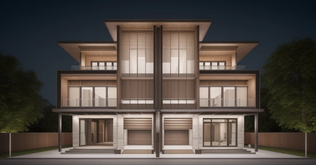 Design facade for modern detached villa, duplex villa,featuring contemporary style with wooden ceiling, glass balcony railing, and car garage, road, sidework, sidework trees, gate, car, 8k uhd, dslr, soft lighting, ultra quality, film grain, Fujifilm XT3, sharp image, best quality, authentic, hight quality,
