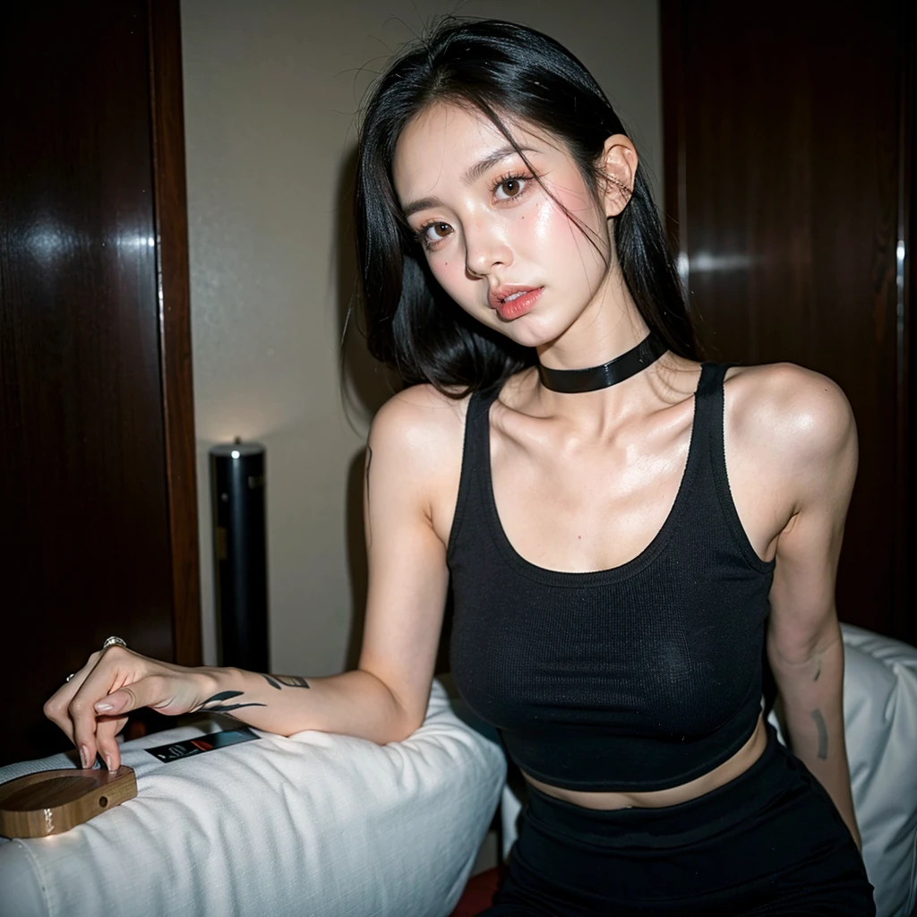 best quality, ultra high res, (photorealistic:1.4), pretty girl, tanktop black shirt, black tight skirt, black choker, (faded ash gray hair:1), medium breasts, looking at viewer, closeup, (pretty face) , southeast asia girl. 