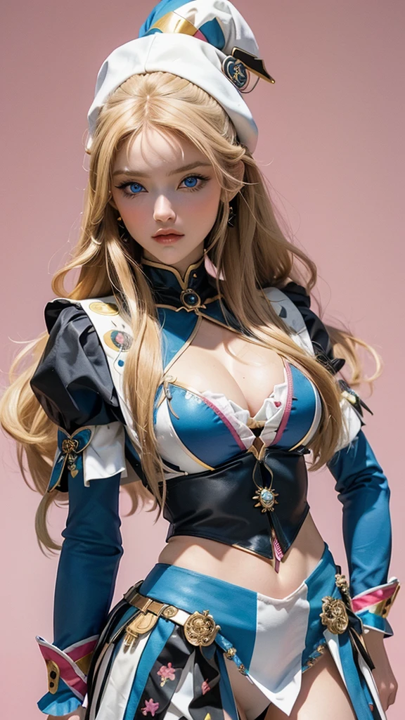 ((masterpiece, best quality, photorealism, RAW quality)), (BLONDE girl with a perfect face, blue eyes, sharp pupil), ((wearing a harlequin outfit composed of patches of different colors, tight to the body)), (add makeup with bright colors or black and white to highlight your eyes and look spectacular), harlequin hat decorated with bells, lots of gools dancing everywhere. (SHE distressed), Pink background.