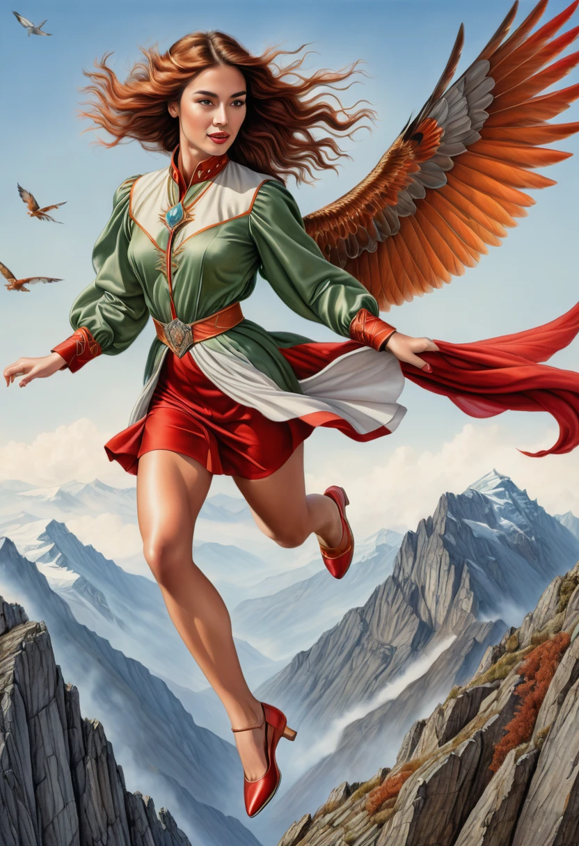 A coloured pencil drawing of a beautiful women with the wings of a red tail halk leaping off a vast mountaintop.
