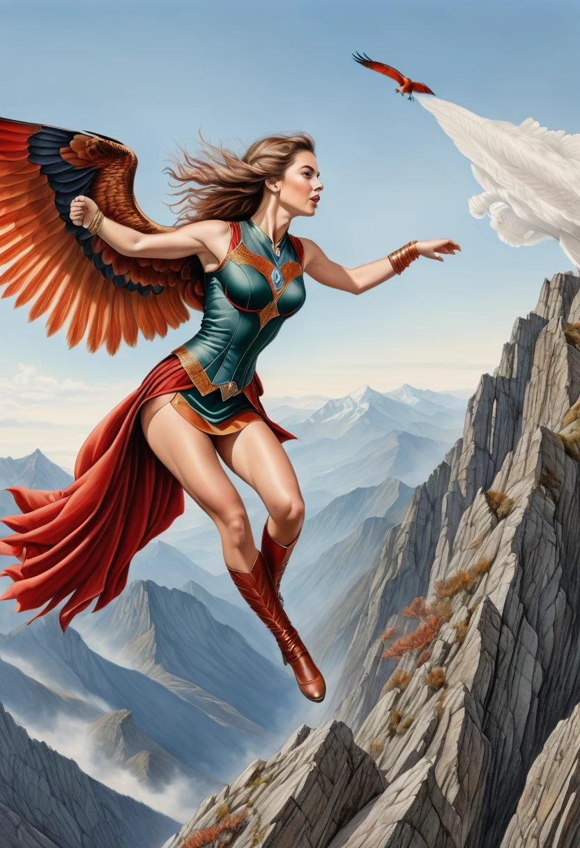 A coloured pencil drawing of a beautiful women with the wings of a red tail halk leaping off a vast mountaintop.
