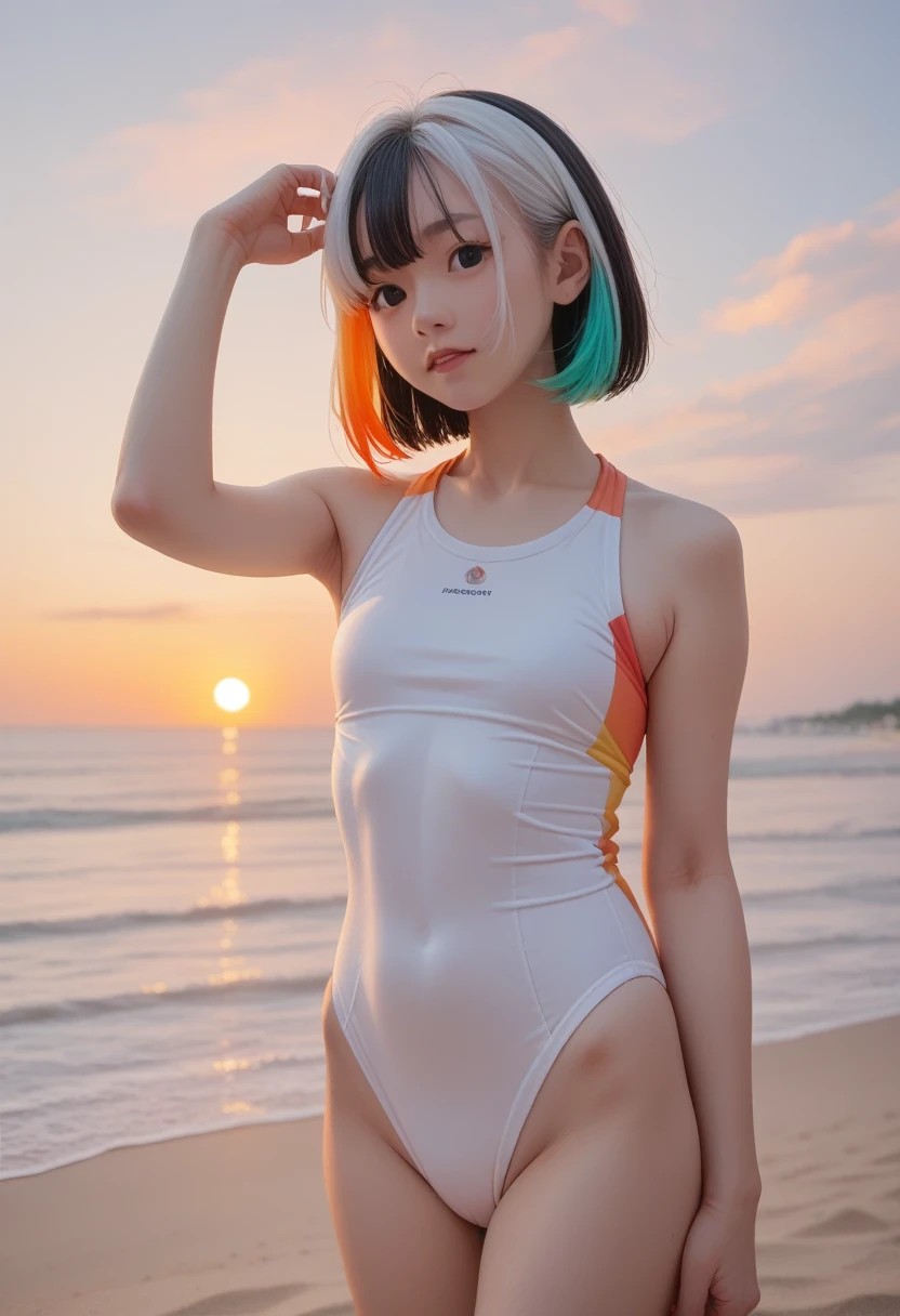 masterpiece, best quality, Extremely detailed, illustration,, Hanekawa short-haired cat, 1 Girl, whole body, , black eyes, Colorful hair, Black Hair, White hair,, swimsuit,, Detailed background, Marketing style, beach, Sunset,