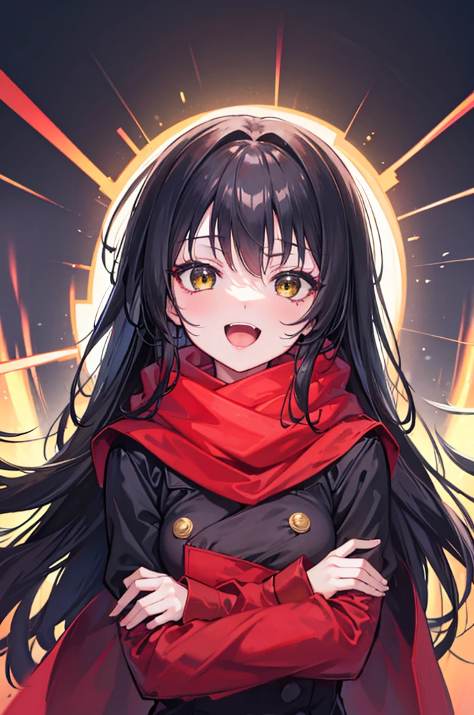 ((best quality)), portrait, one_Side_up, long hair, black hair, stupid hair, passionate fool, girl, medium breasts, Laugh loudly and energetically, golden eyes, red cloth scarf, Black Jacket, hero, Arms crossed