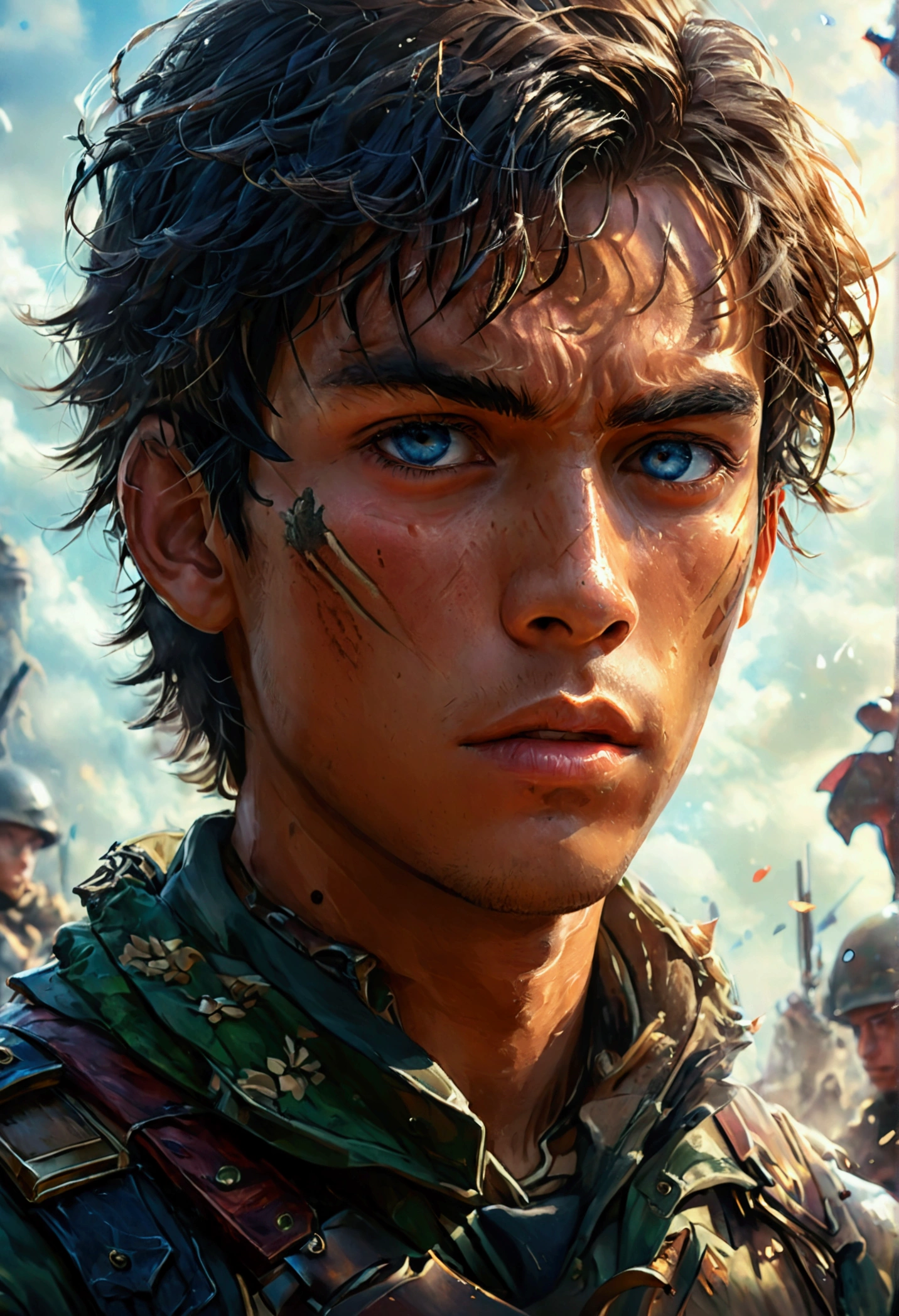 A young man with tanned skin, surrounded by armed soldiers, high fantasy anime style, light novel cover, movie poster, detailed portrait, beautiful eyes, sharp nose, sensual lips, dramatic lighting, cinematic composition, epic fantasy, vibrant colors, digital art, concept art, masterpiece, (best quality,4k,8k,highres,masterpiece:1.2),ultra-detailed)