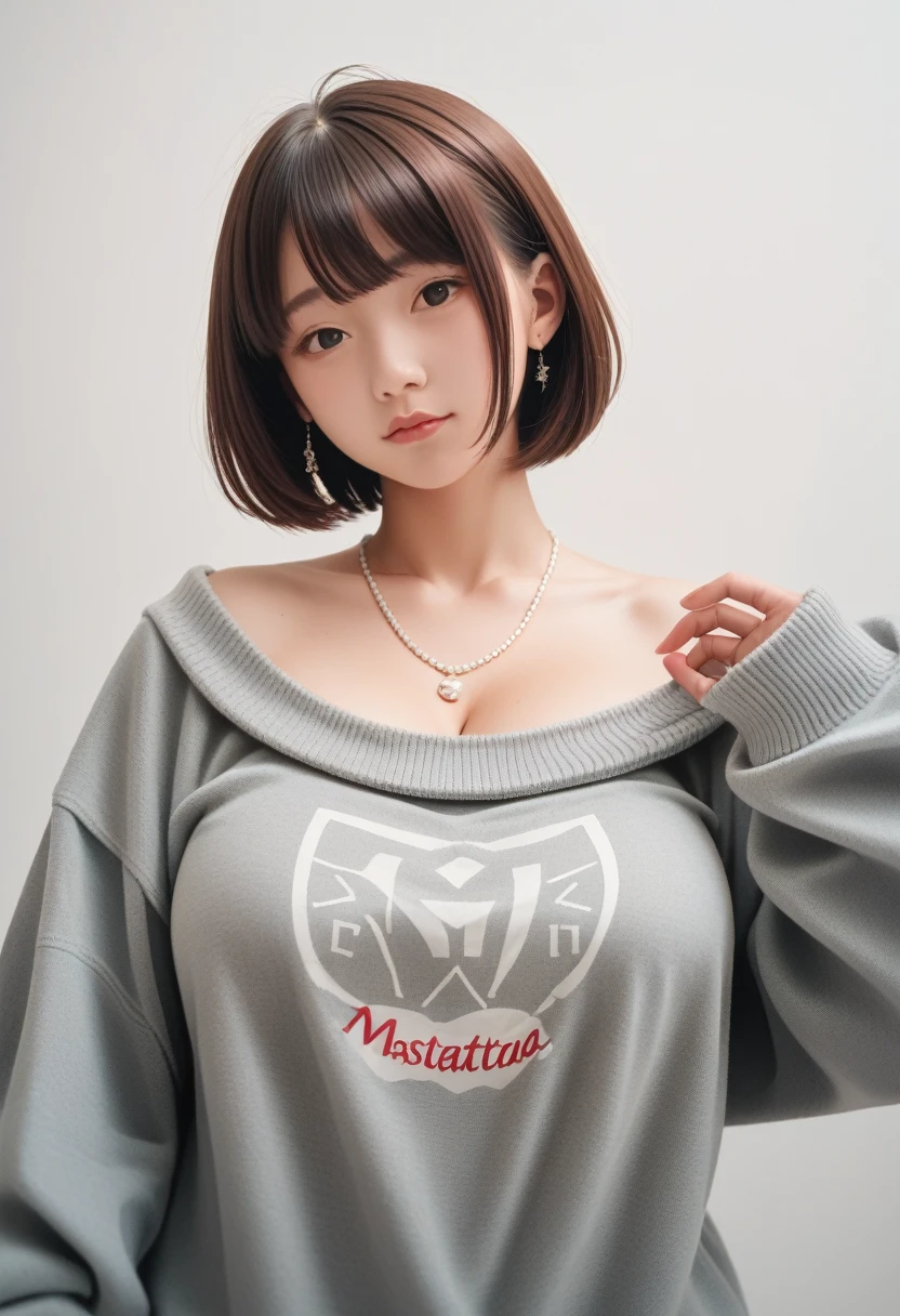 (best quality, 8K, 32K, masterpiece, Ultra HD:1.2),Photos of beautiful Japanese women, Large , Super Short Bob Hairstyle,Upper Body,(Oversized_sweater,:1.1) necklace, Simple background, look around