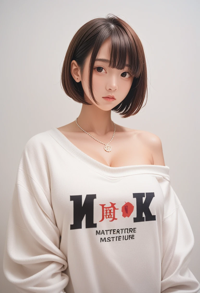 (best quality, 8K, 32K, masterpiece, Ultra HD:1.2),Photos of beautiful Japanese women, Large Breasts, Super Short Bob Hairstyle,Upper Body,(Oversized_sweater,:1.1) necklace, Simple background, look around