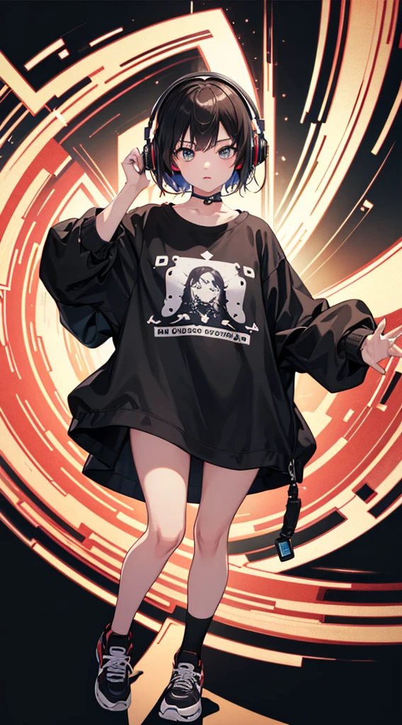 Top Quality, 8K, 4K, High Definition, Detail, (better-quality, 8K, 12), top-quality, 1 girl, short hair, she siting, wearing headphones, music effect around, full body, black background, shirt design, 90s type vibe,